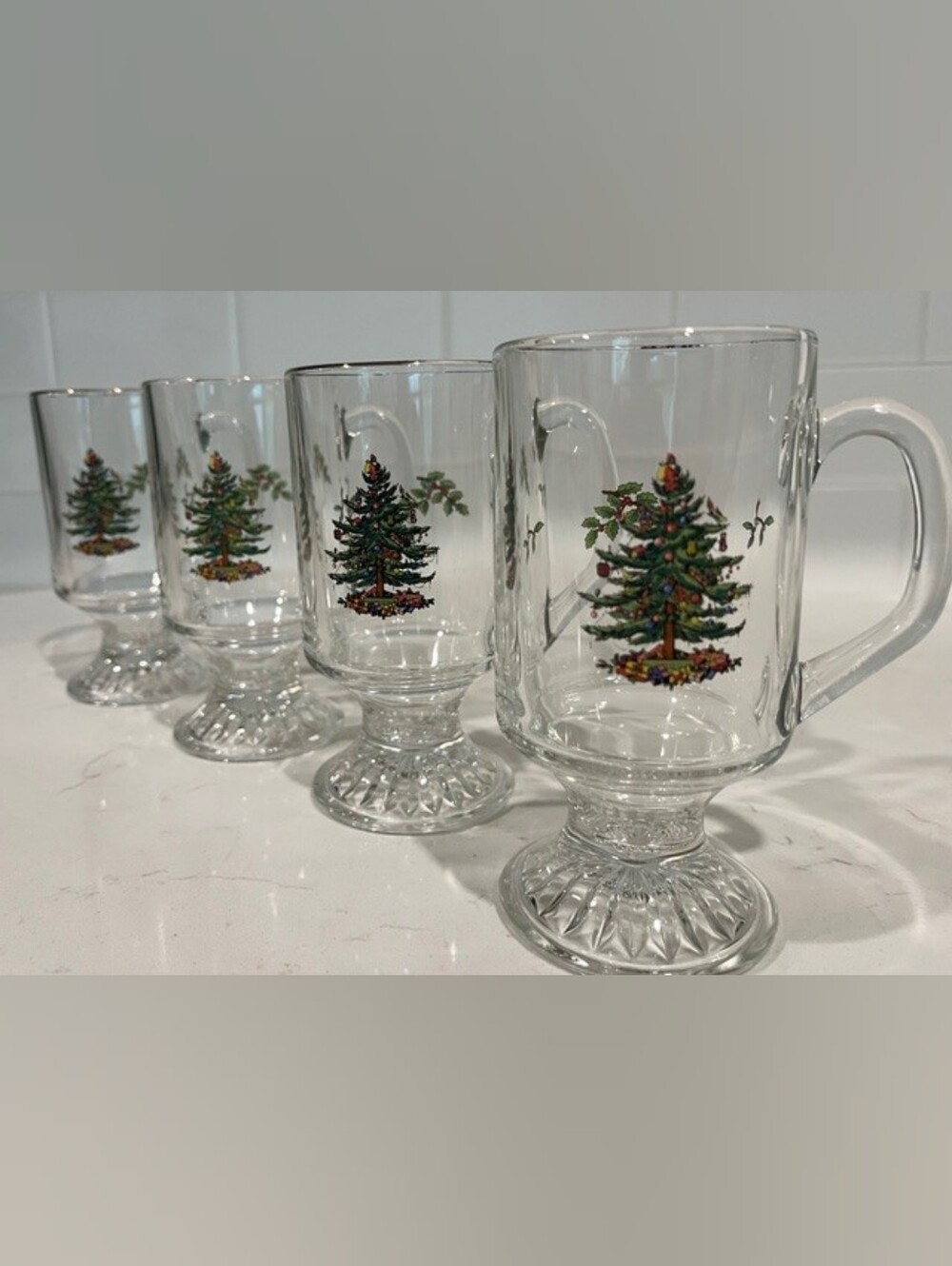 Vintage Spode Christmas Tree Footed Irish Coffee Glass Mugs - Set of 4